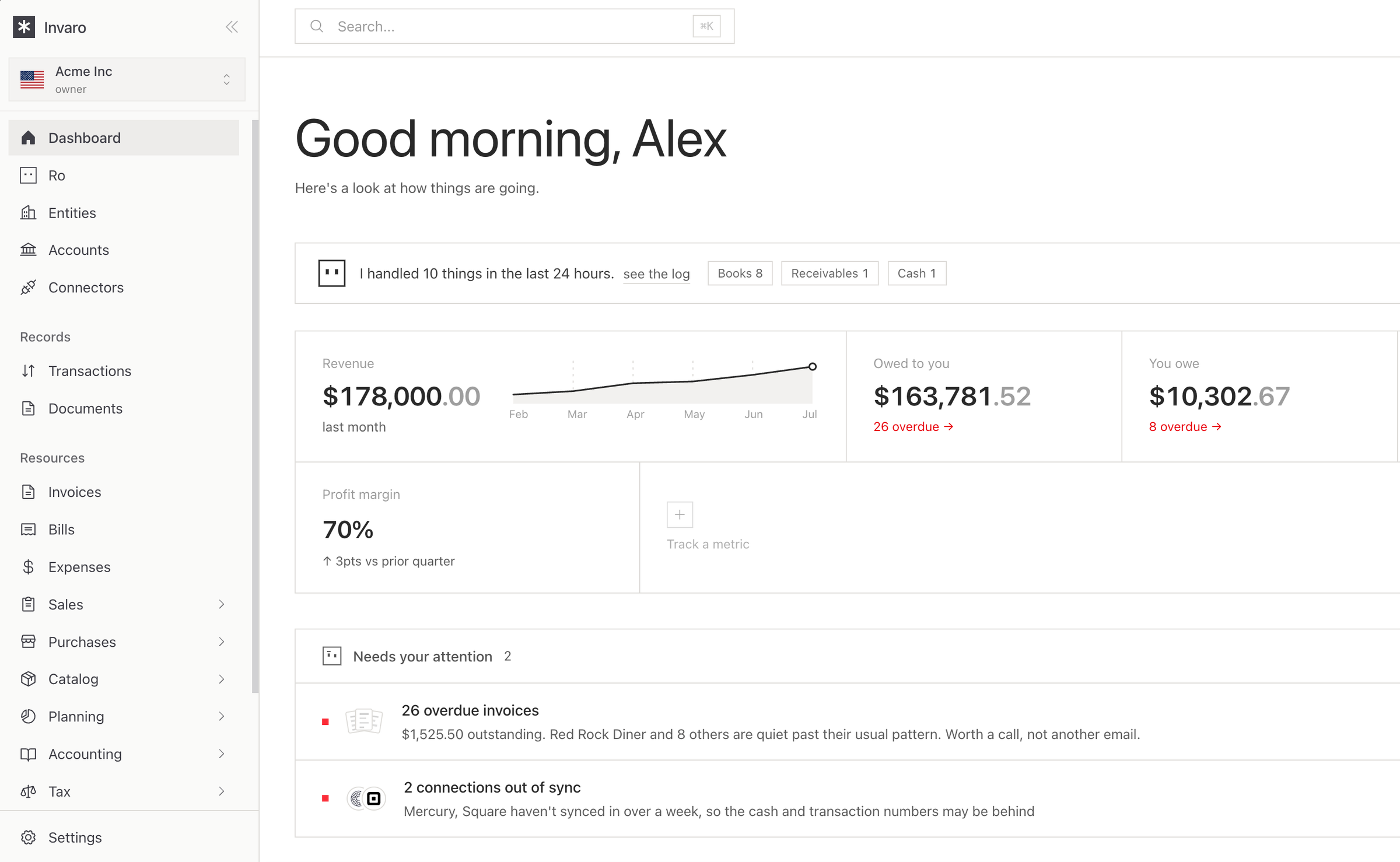 The Invaro Books dashboard showing cash, receivables, and the autopilot activity feed