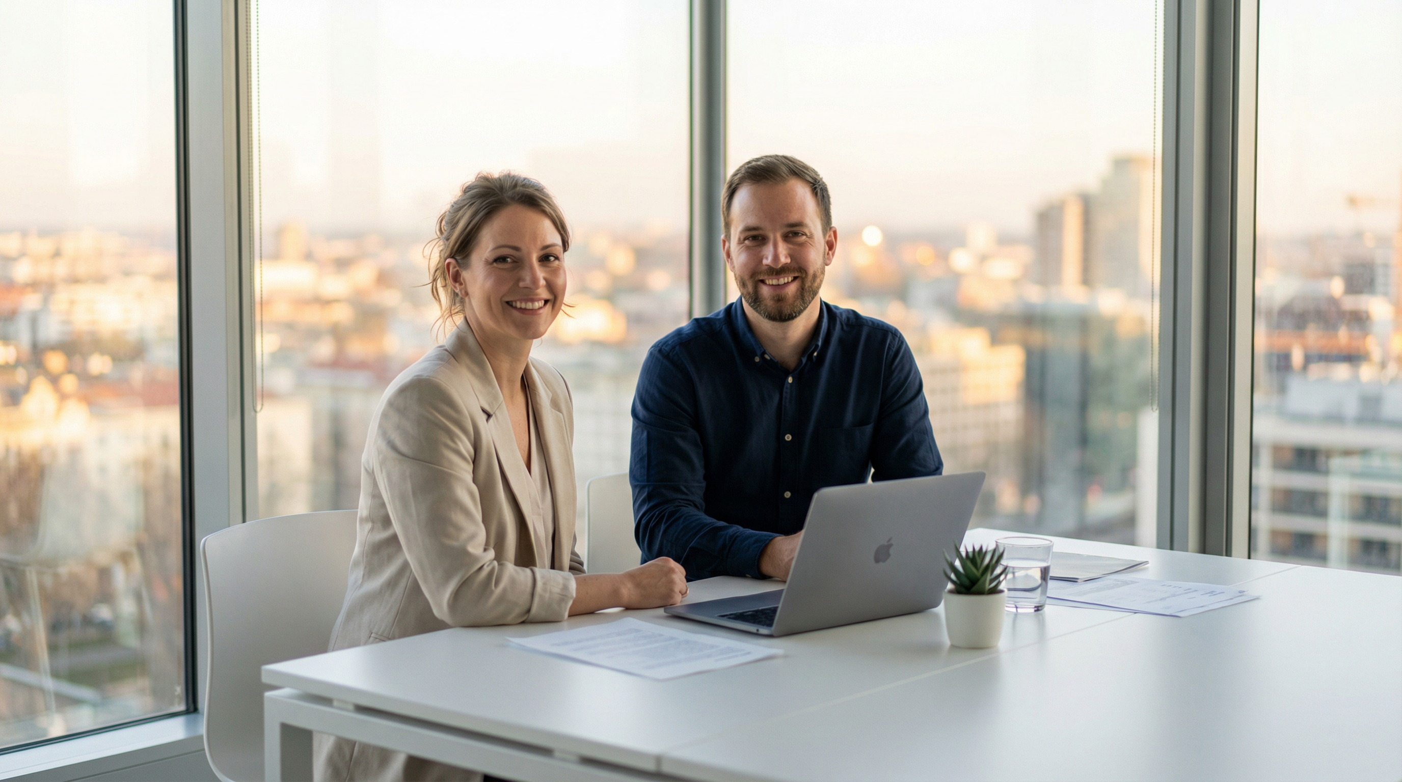 Two founders at a conference table, city behind them