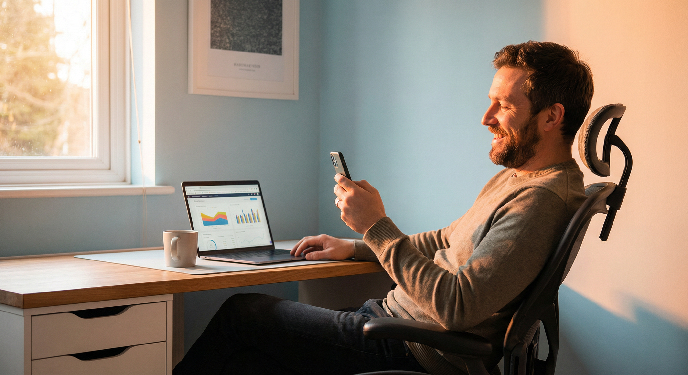 A founder leaning back at their desk, handling the books by text