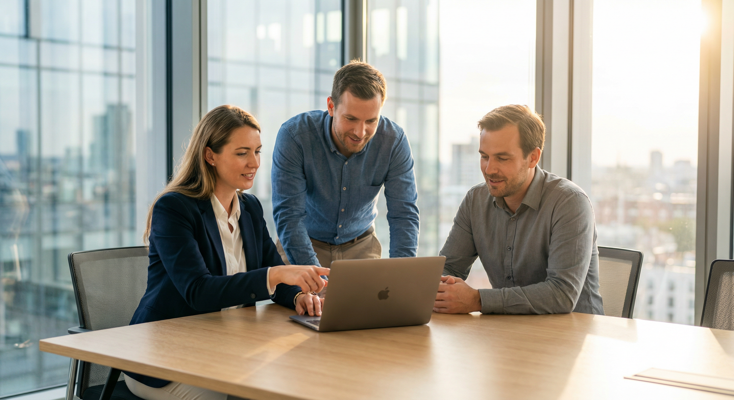 A studio team gathered around one laptop